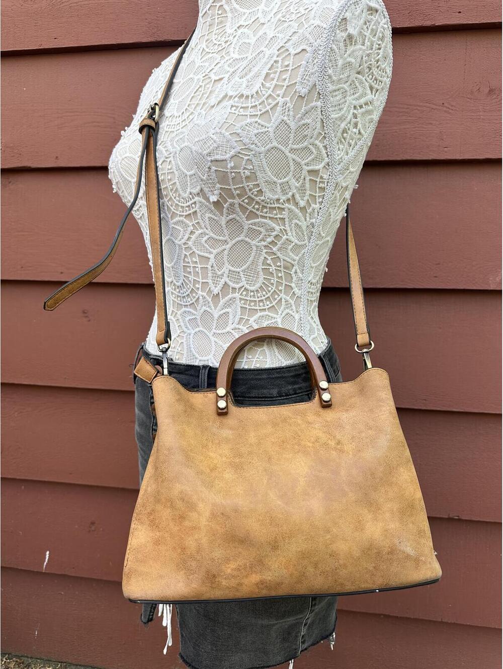 Vintage Inspired Tan Faux Leather Tote Bag‎